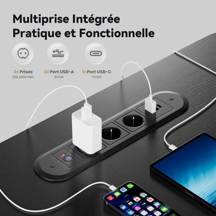 HLONONE Bureau Électrique Debout et Assis, 180 x 80 cm, avec Prise de Courant Intégrée, 2 Tiroirs Amovibles, Port USB-C, Noir