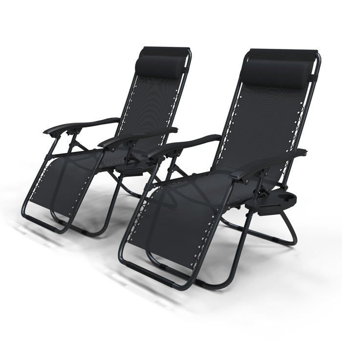 Juego de 2 sillones reclinables plegables VOUNOT® de textilene con portavasos - Carga máxima 120 kg - Negro