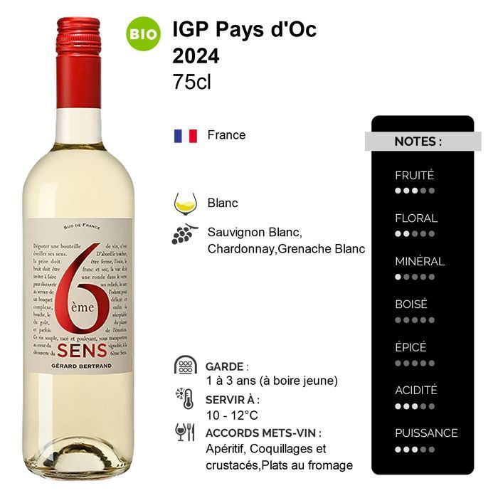 Gérard Bertrand Pays d'Oc 6ème Sens 2024 - Vinho Branco de Languedoc-Roussillon (6 x 75cl) Orgânico
