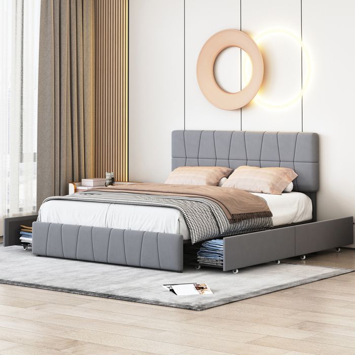 Tweepersoonsbed 160x200 cm met lattenbodem, gestoffeerd bed met 4 opberglades, bed voor volwassenen of tieners, gewatteerd bedframe, grijs fluweel