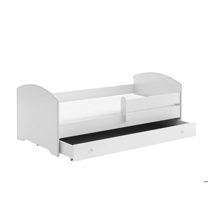 Cama infantil LUK – Blanca, 160 x 80 cm, con barandilla, cajón y colchón – con estampado de estrellas.