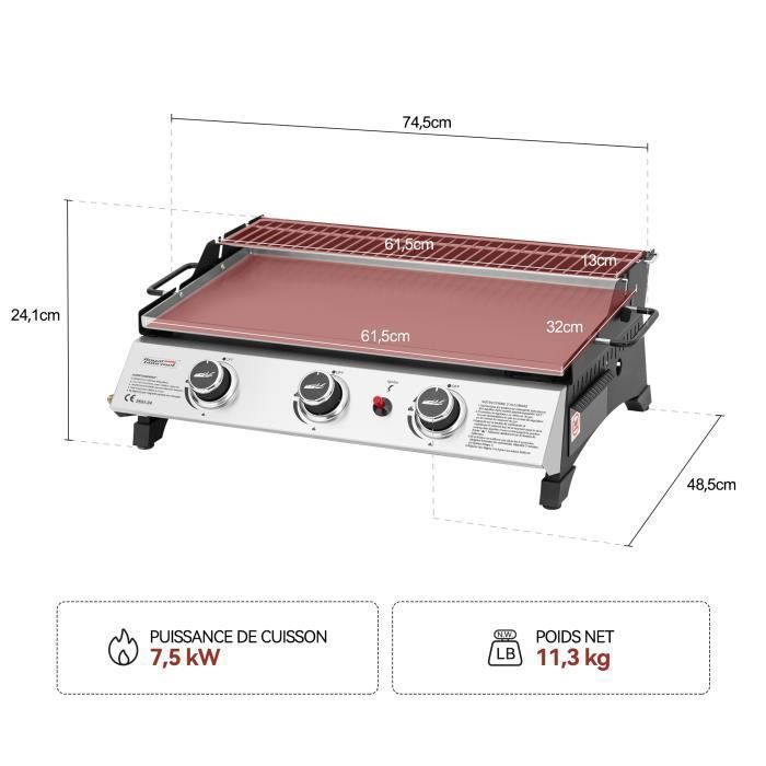 Plancha Gaz - Royal Gourmet - 3 Brûleurs Puissance 7.5kW, Surface Cuisson 61,5 x 32cm en Acier Inoxydable avec Grille de Réchauffage