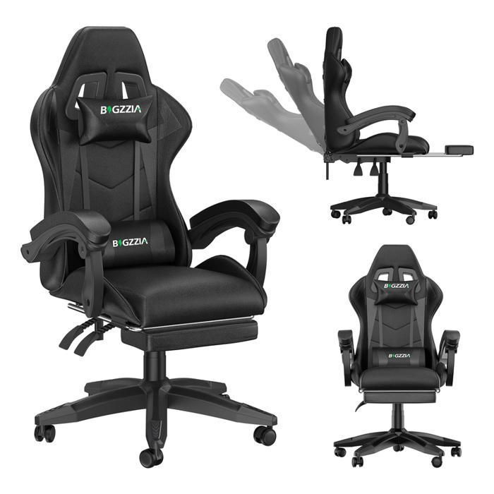 Gaming office chair with ergonomic footrest, 90° swivel, lumbar cushion & headrest, height adjustable