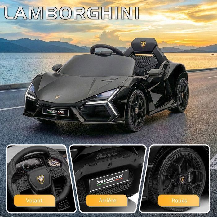 Coche eléctrico Lamborghini Revuelto - LALAHO - 3 velocidades, con control remoto 2.4G, para niños de 3 a 6 años, negro.