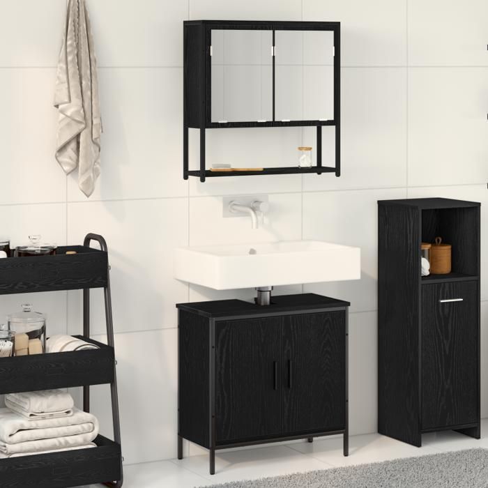 Conjunto de muebles de baño - Roble negro - 2 piezas - Madera de ingeniería - Diseño de montaje en pared