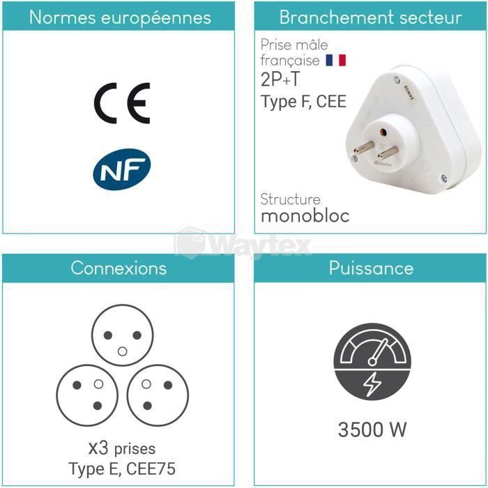 Multiprise - WAYTEX - 52127 - 3 Prises - 16A - Triangulaire - Sécurité enfant