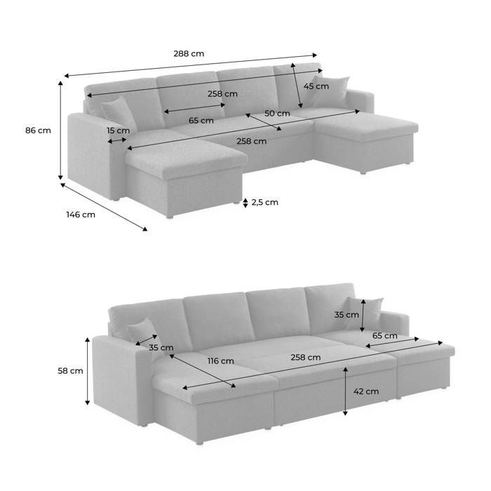 Sofá panorámico convertible en tela gris claro. 4 plazas. Compartimento de almacenamiento. Cama modular.