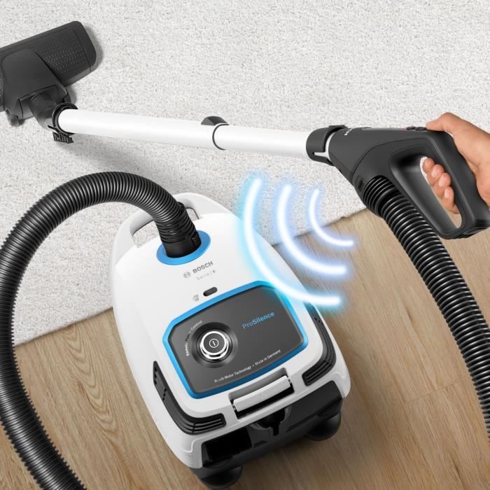 BOSCH BGB6SIL1 - aspirateur avec sac - Série 6 ProSilence - blanc - variateur de puiss à la poignée - 66 dB - ULPA - 12m - 4,5L sac