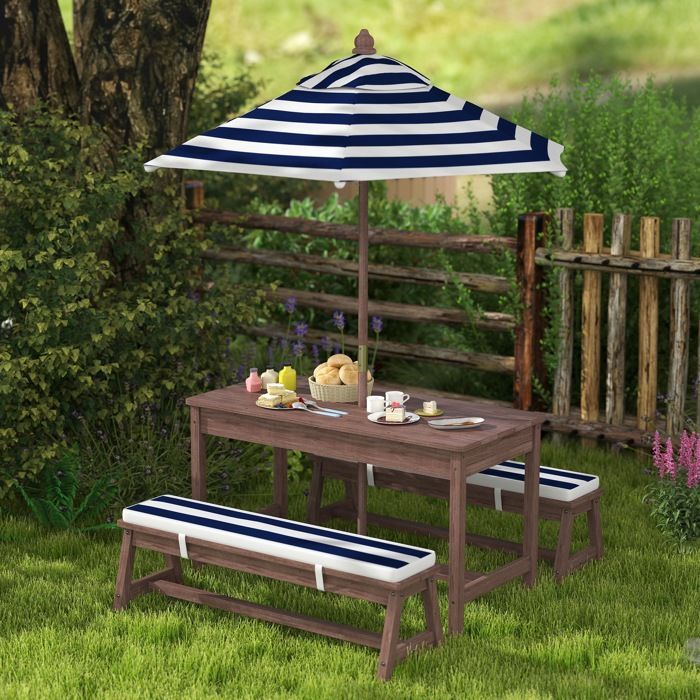 Ensemble salon de jardin extérieur enfant - AIYAPLAY - coussins et parasol amovible - rayé bleu marine et blanc