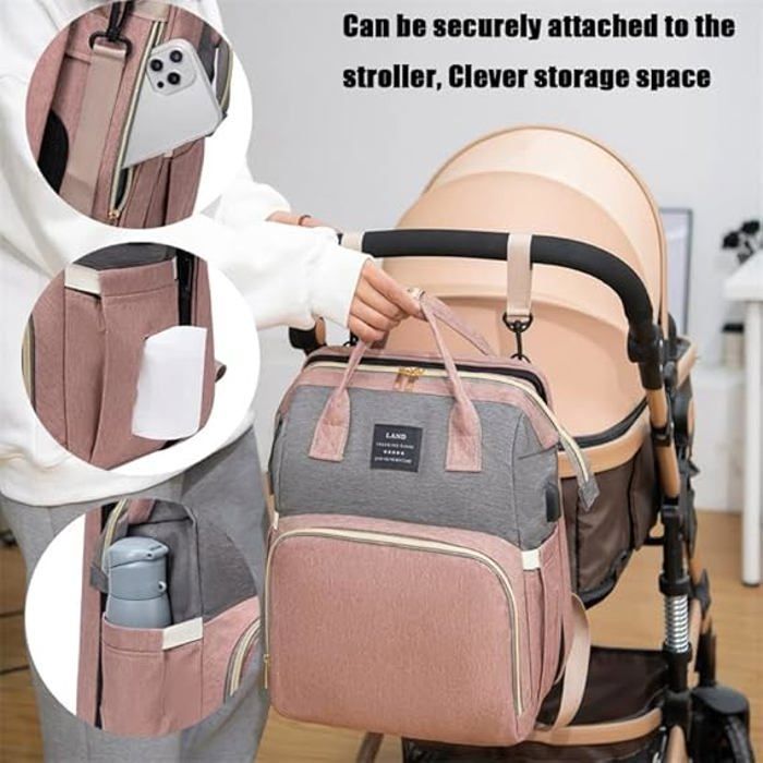 Large Capacity Baby Diaper Backpack with Changing Mat, Multifunctional Waterproof Travel Bag, Pink/Gray