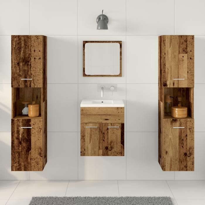 Ensemble de meubles de salle de bain - 4 pièces - Bois massif récupéré - Miroir inclus - Design rustique