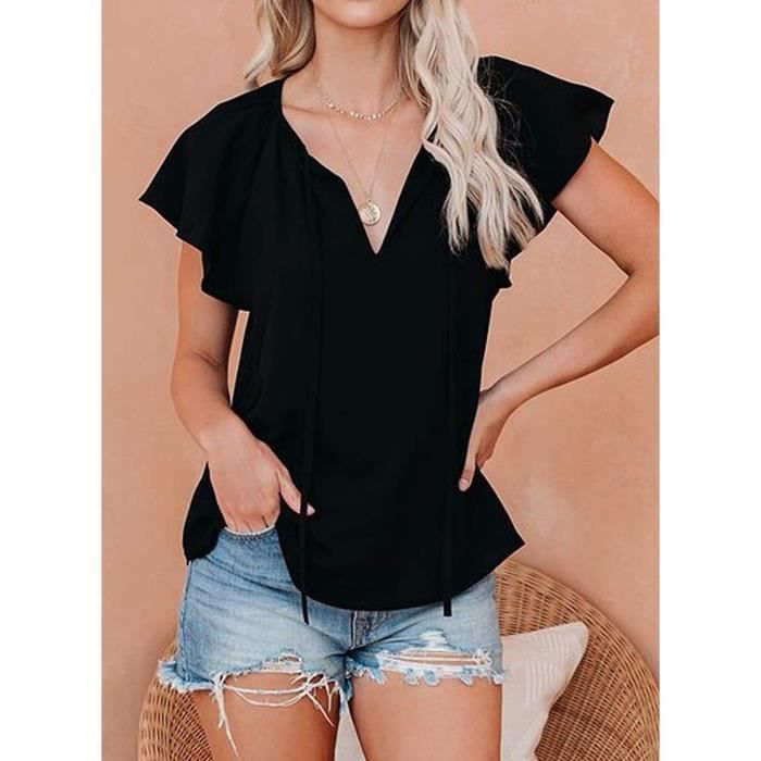T-shirt femme à col en V - LEOCLOTHO - Coupe ajustée - Manches courtes - Noir