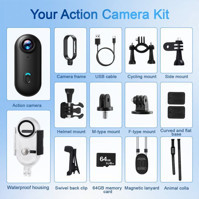 Mini videocamera sportiva da 64 GB, registrazione video 1080p con audio e video, morsetto magnetico a 360°, action cam multifunzionale grandangolare a 120°