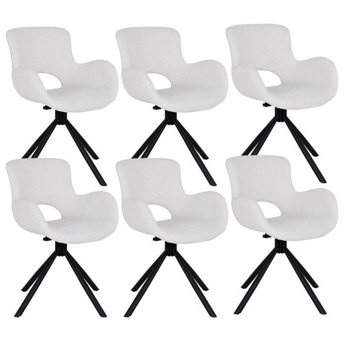 HERMOS - Juego de 6 sillas de comedor en tela bouclé blanca con base giratoria de metal negro.