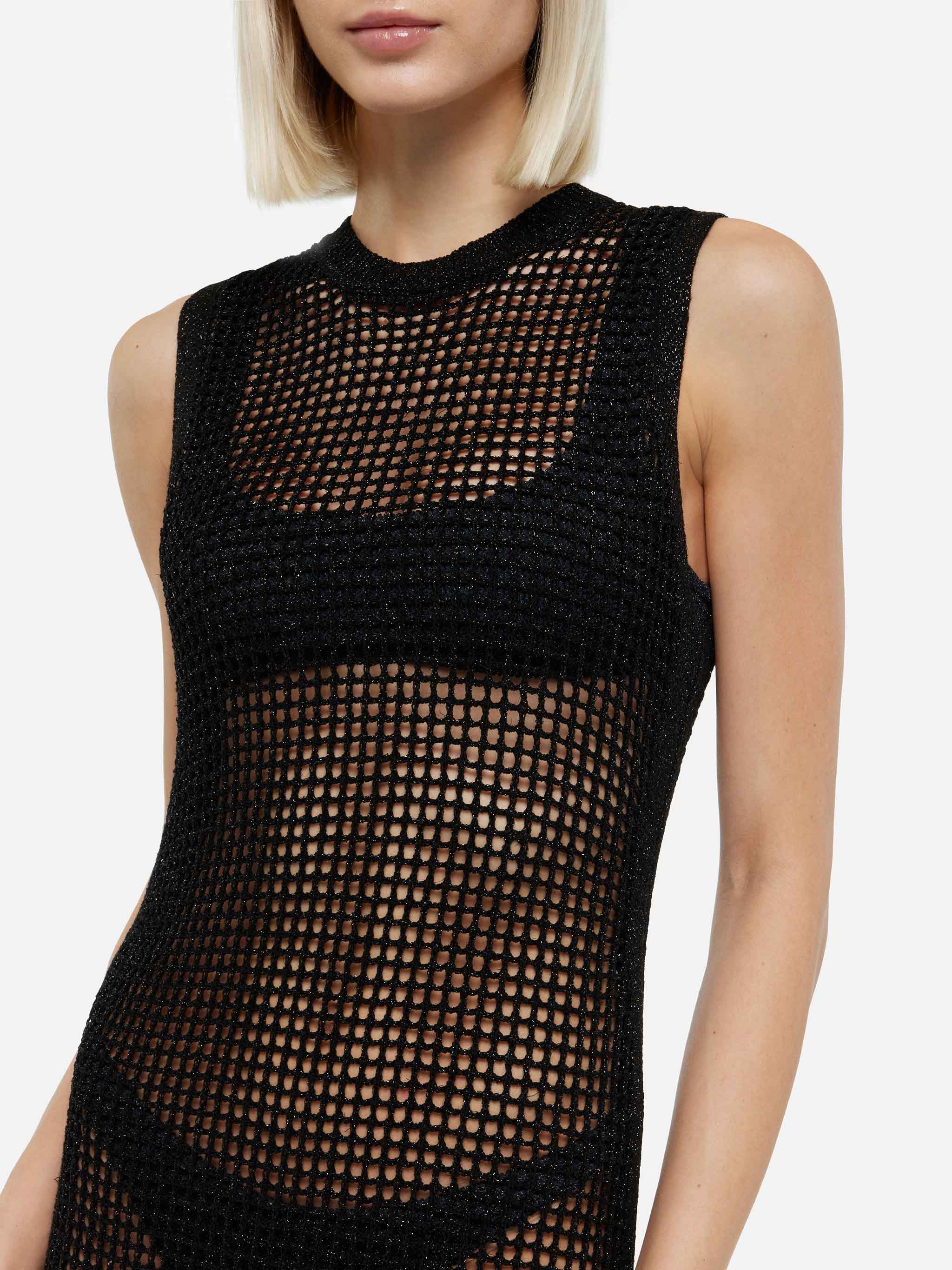 Vestido largo Eileen en malla de ganchillo de lúrex negro