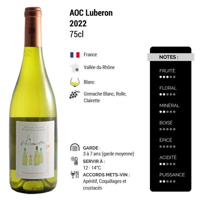 Luberon La Pitchounette Blanco 2022 - Caja de 6 botellas de 75 cl - Dauvergne - Ranvier - Vino blanco AOC del Valle del Ródano