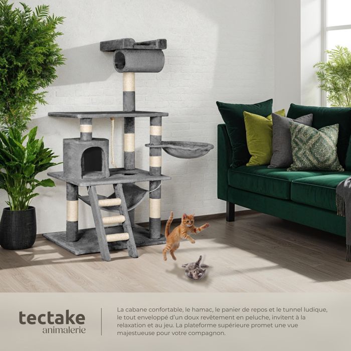 Árbol rascador para gatos - TECTAKE - STOKELEY, 141 cm de altura, con zonas para dormir y cuerda - Gris