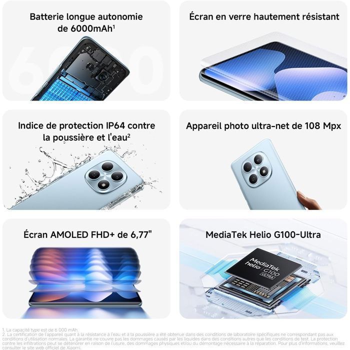 Smartphone Xiaomi Redmi Note 15 4G 6Go Ram 128Go Bleu 6,77'' AMOLED Appareil Photo 108 MP Batterie 6000 mAh - Version globale