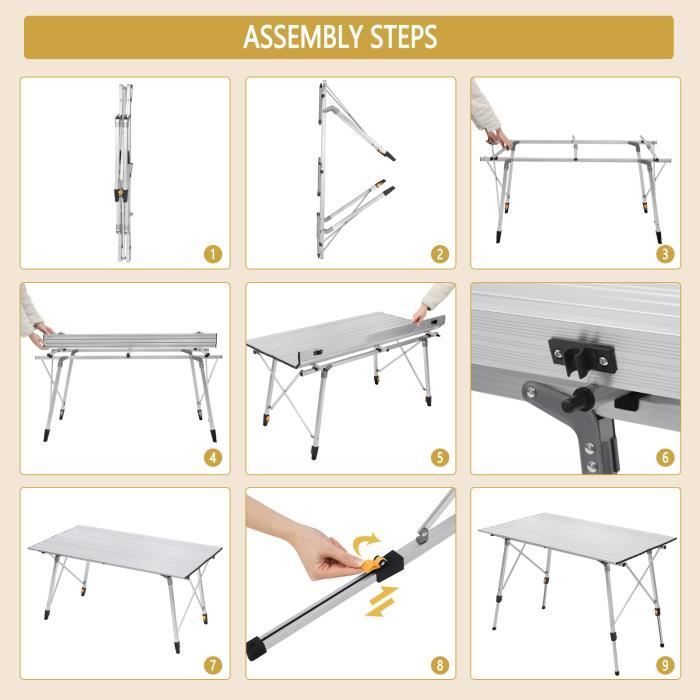 Mesa plegable de aluminio para camping y picnic WOLTU, altura ajustable, 120 x 68,5 cm.