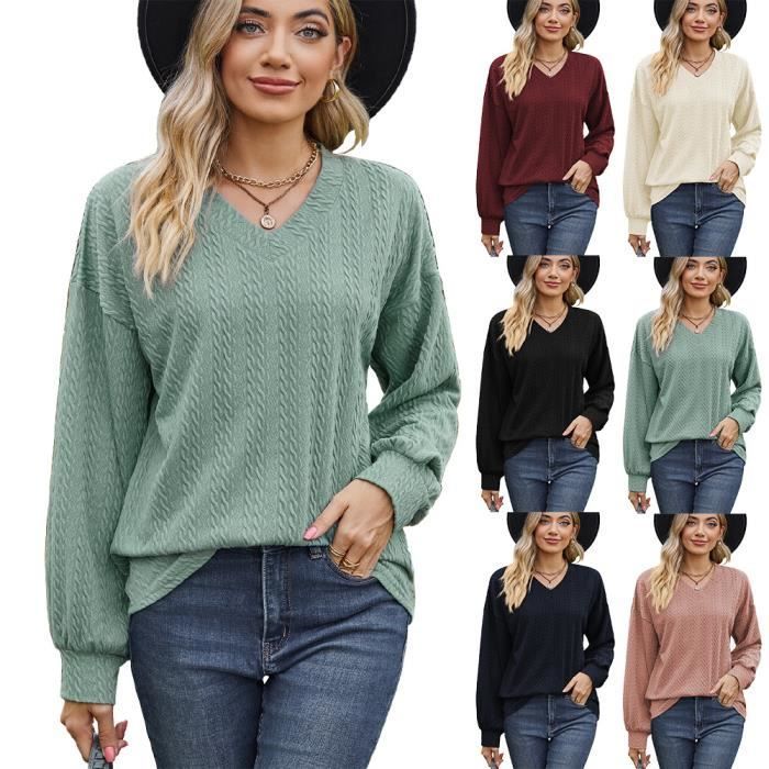 Pull Femme en Tricot Col V Manches Longues Casual Pullover Lâche Couluer Unie Confortable