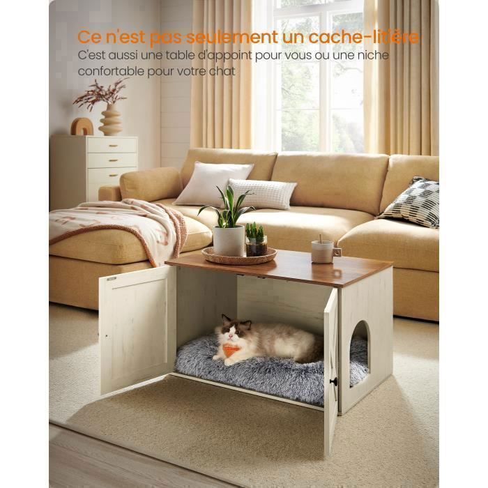 Maison de Toilettes pour Chat, Bac à litière, Filtre à charbon Charbon, Séparateur Amovible, 80 x 53 x 50 cm, Marron et Blanc