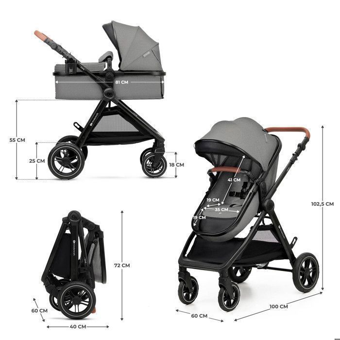 Kinderkraft ESME PRO 3-in-1 Travel System, MINK PRO 2 i-Size Car Seat Included, Puncture-Proof TPE Wheels, Compact Fold, Grey