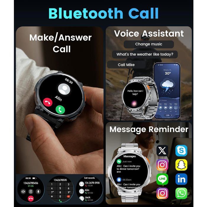 Smartwatch da uomo con chiamate Bluetooth/batteria da 730 mAh, ampio schermo HD da 1,85