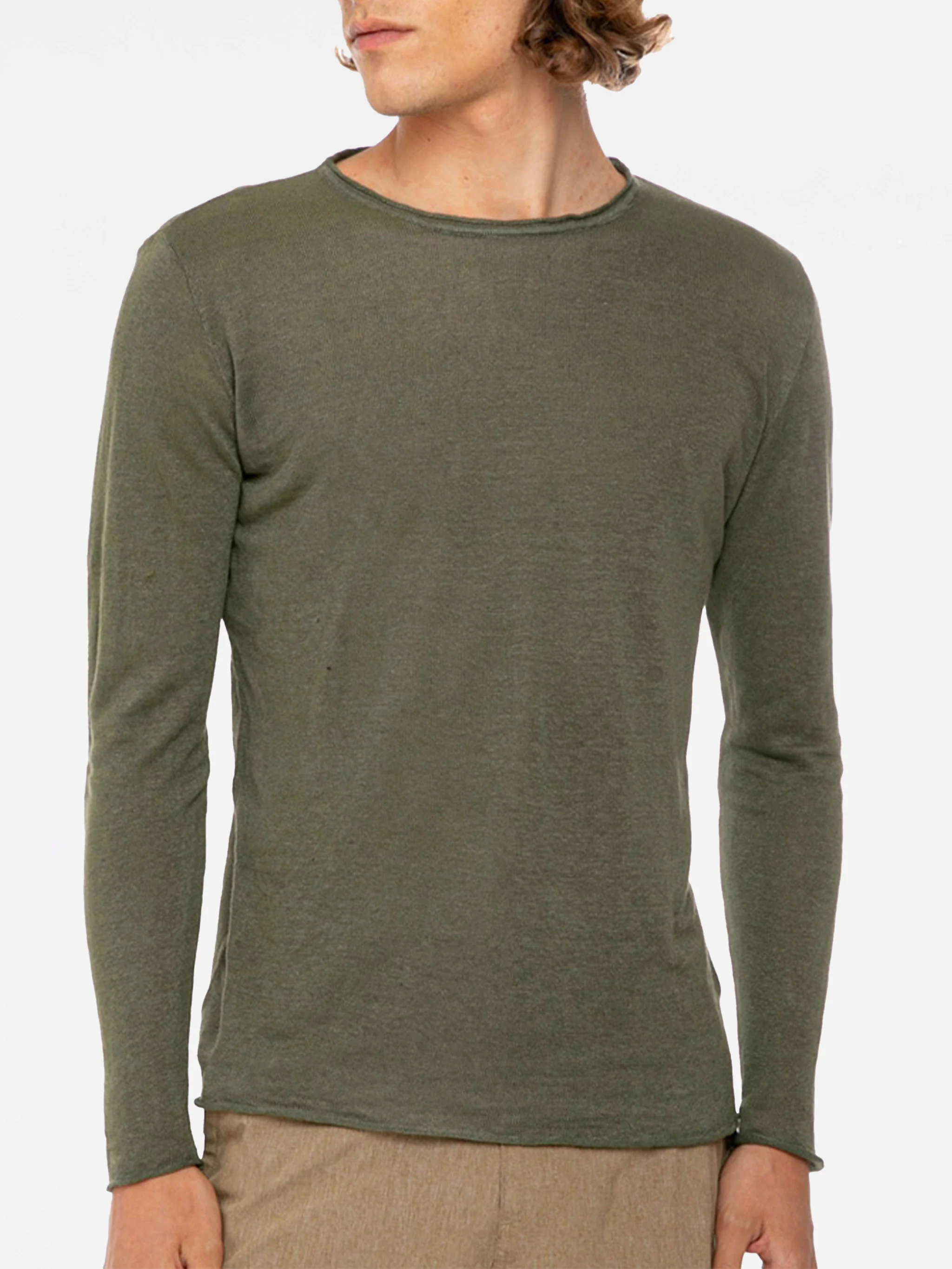 Heren legergroen linnen T-shirt met lange mouwen