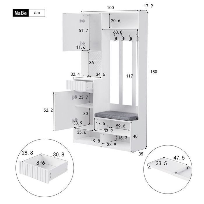 Meuble d’entrée avec rangement et banc – Vestiaire avec miroir, étagères et porte-manteaux, meuble chaussure blanc
