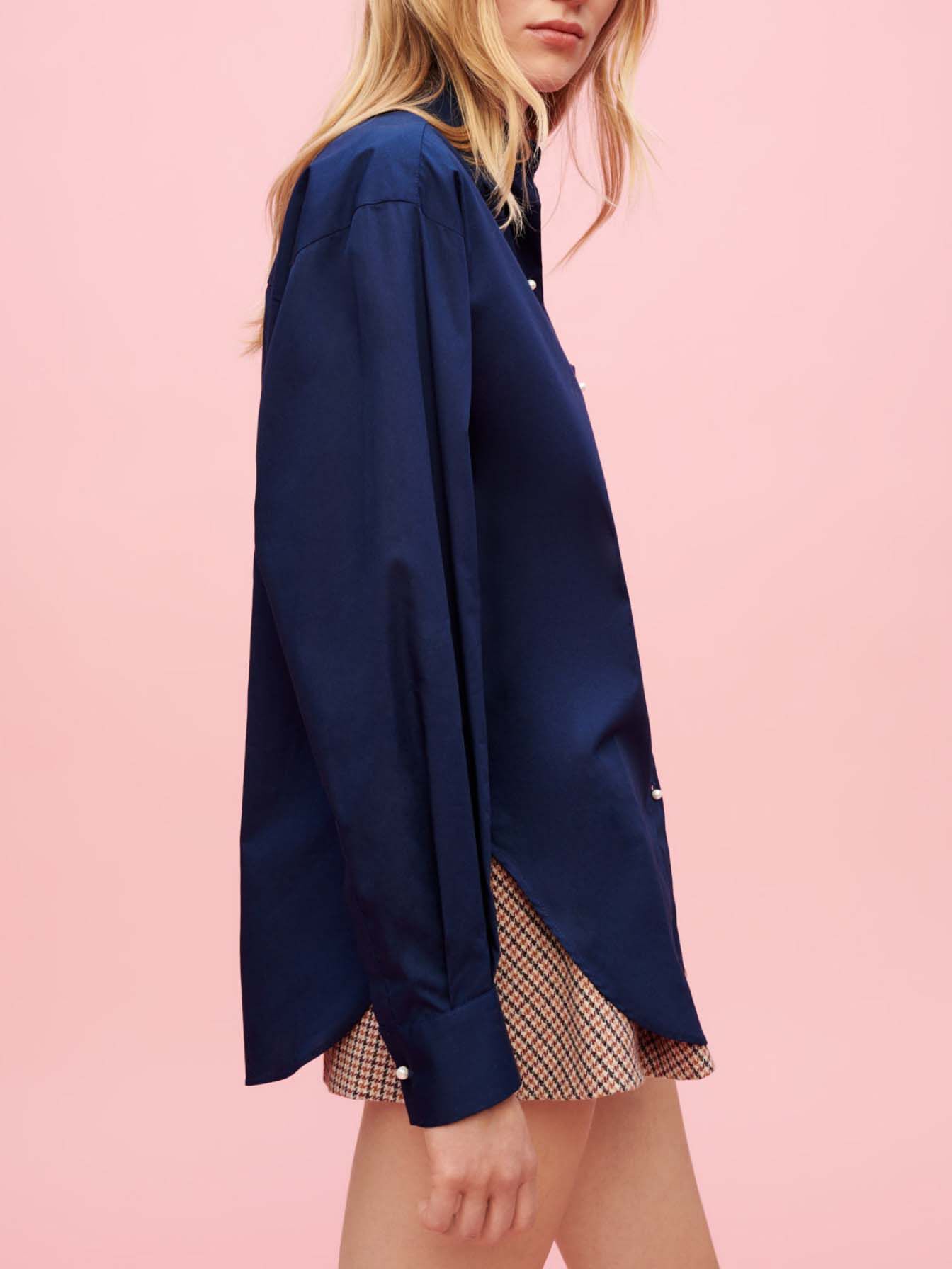 Katoenen poplin overhemd met parels - Bleu Nuit