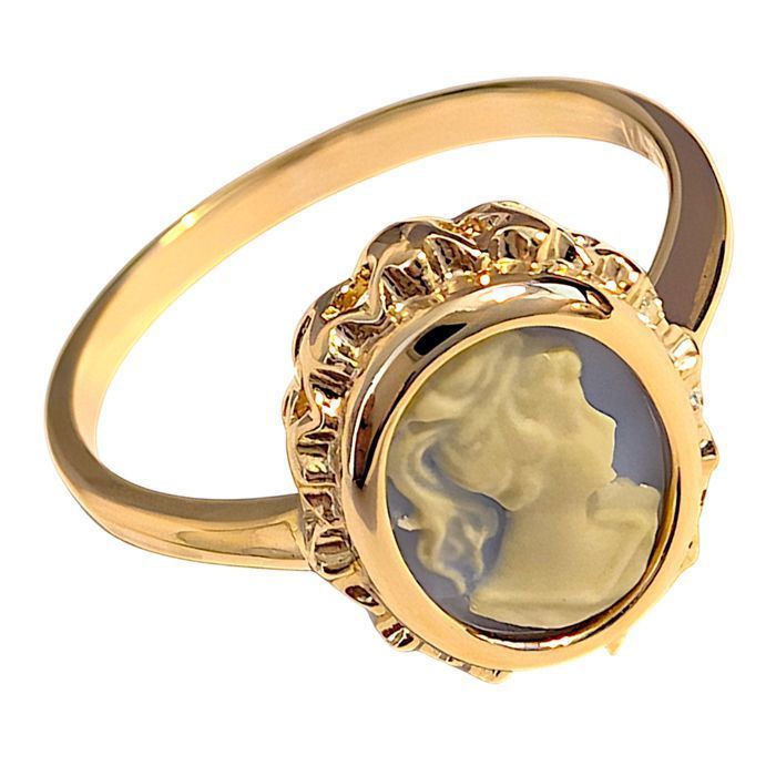 Anillo con camafeo azul, chapado en oro de 18 quilates.