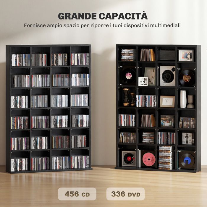 Mueble multimedia para 456 CD/336 DVD - HOMCOM - estantería de madera con baldas ajustables - 89 x 130,5 cm - negro