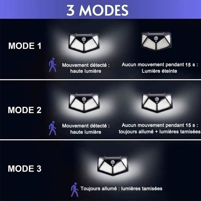 AUDBURN Paquete de 4 luces solares exteriores de 100 LED y 2200 mAh con 3 modos - Negro - Sensor de movimiento