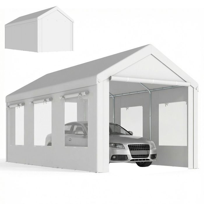 Abri de voiture - Outsunny - protection UV30+ hauteur réglable 6 fenêtres et moustiquaire - acier galvanisé - 3x6m - blanc