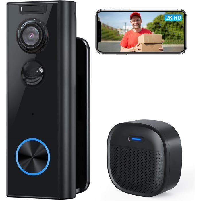 XTU 2K Sonnette sans Fil avec Caméra 2.4G WIFI  avec Support Multi-Angle, Détection Mouvement PIR,Vision Nocturne,IP66 Étanche