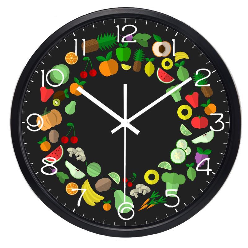 Groente- en fruitwandklok, metaal en glas, hoogwaardig design, keukenklok voor dieet en voeding.