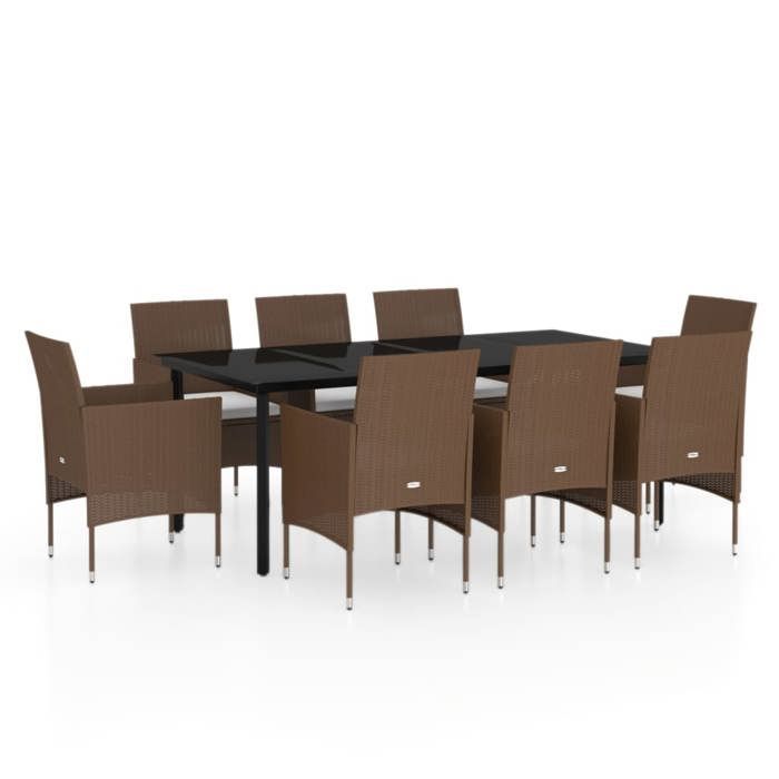 Garten-Essgruppe – vidaXL – 9-teilig – Braun/Schwarz – Gewebtes Kunstharz – Pulverbeschichteter Stahl – Glas