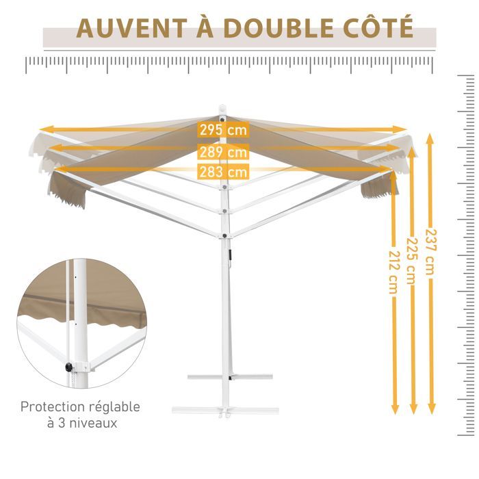 Toldo doble inclinado de 4 x 3 m, retráctil manual, con inclinación ajustable, color blanco, metal recubierto de epoxi, poliéster impermeable, resistente a los rayos UV y color beige.