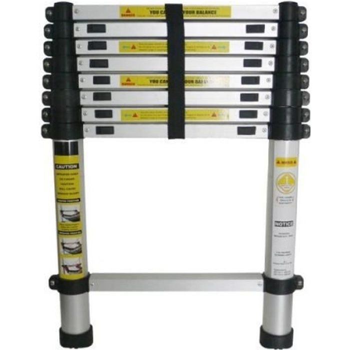 Aluminum telescopic ladder - VARAN - 2.60m - 9 rungs - Snap-in safety lock - Square rungs