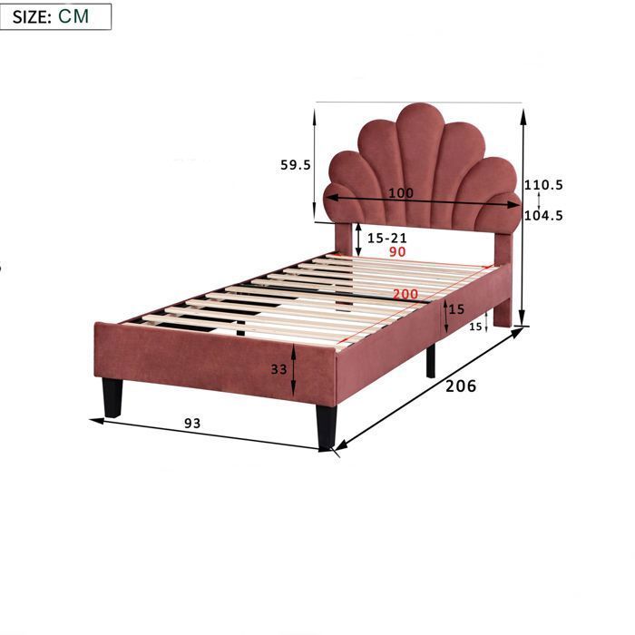 Cama infantil de 90x200 cm con somier de láminas, cama de niña con cabecero en forma de flor, estructura de madera, tela de terciopelo rojo.