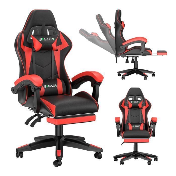Sedia da ufficio gaming con poggiapiedi ergonomico, girevole a 90°, cuscino lombare e poggiatesta, regolabile in altezza.