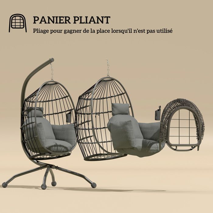 Silla colgante tipo huevo - Outsunny - interior y exterior - cesta plegable - cojín acolchado - estructura de acero - gris oscuro