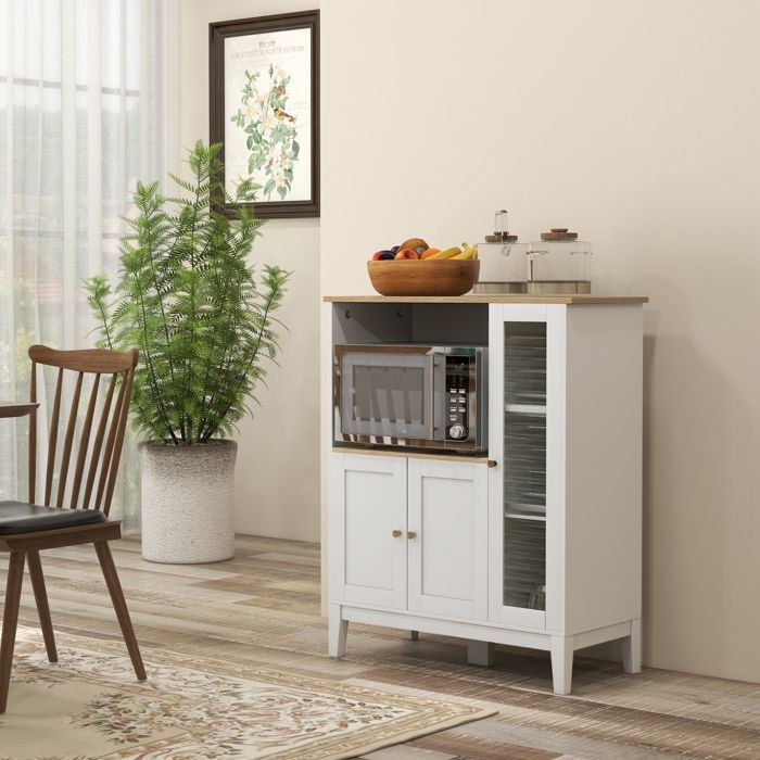 Armário para micro-ondas - HOMCOM - armário de cozinha com 1 nicho, 3 portas de vidro temperado - madeira e vidro - 80x35x97cm - branco
