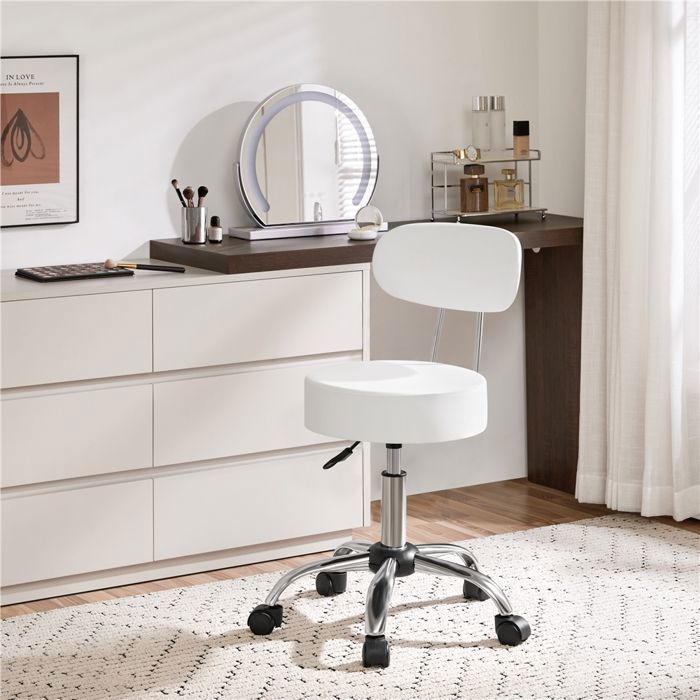 Taburete redondo Yaheetech con ruedas, altura ajustable de 75,5 a 85 cm, asiento acolchado, tapicería de piel sintética, blanco.