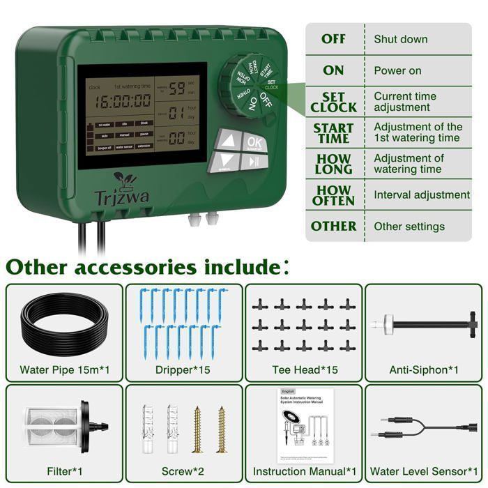 2200mAh Solar Druppelirrigatieset – Automatische timer, 15 druppelaars, voor tuin, balkon en planten