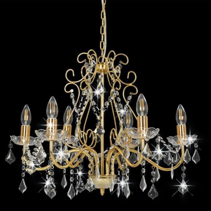 Lámpara colgante vidaXL, 6 bombillas E14, 60x44 cm, base de metal dorado con cuentas de cristal acrílico, lámpara elegante 281603