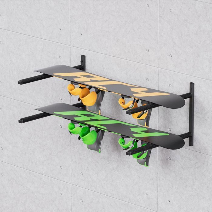 Wall-mounted surfboard and SUP rack with mounting hooks, protective foam, and two-tier steel workshop shelf