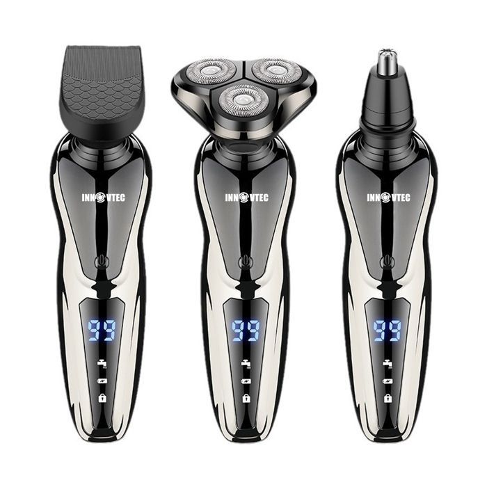 Afeitadora eléctrica PAS - INNOVTEC - 3 en 1, 90 minutos de duración de la batería, recargable, flotante, recargable, con cepillo para barba, nariz y limpieza facial.