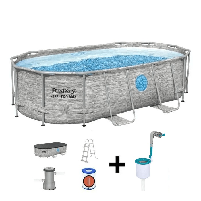 Kit piscina tubolare fuori terra BESTWAY - Steel Pro MAX™ - 427 x 250 x 100 cm - Ovale (filtro a cartuccia, scaletta, copertura) + skimmer