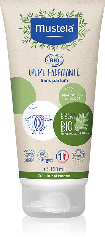 Mustela BIO Hydraterende Crème met Olijfolie, een hydraterende crème voor gezicht en lichaam voor kinderen vanaf de geboorte.